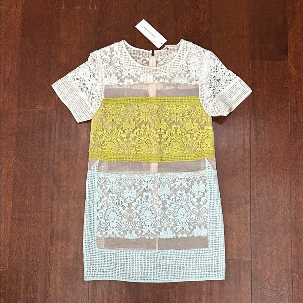Rebecca Taylor Silk Runway Lace Mini Shift Dress in Chartreuse Combo, Size 2 NWT